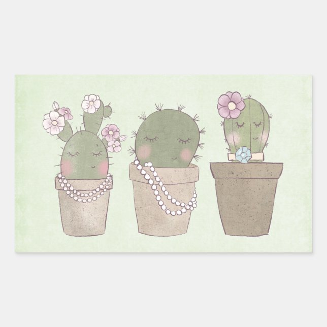 Pegatina Rectangular Trio De Cactus Cute Con Joyería (Anverso)