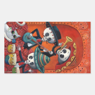 Pegatina Rectangular Trío del Mariachi de Dia de Los Muertos Skeleton