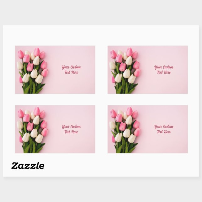 Pegatina Rectangular Tulipanes de texto personalizado sobre rosa (Hoja)