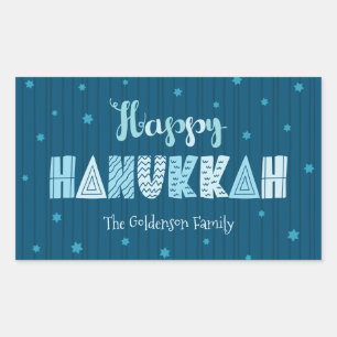 Pegatina Rectangular Turquoise Happy Hanukkah Whimsical Fun Typografía