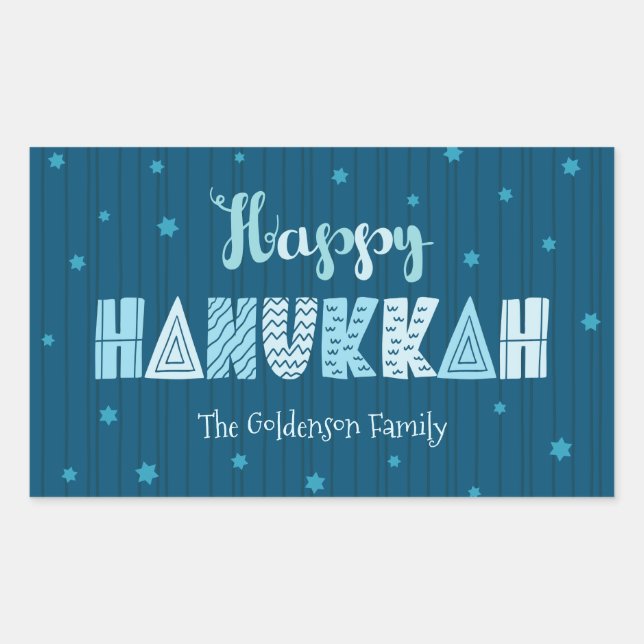Pegatina Rectangular Turquoise Happy Hanukkah Whimsical Fun Typografía (Anverso)