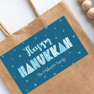 Pegatina Rectangular Turquoise Happy Hanukkah Whimsical Fun Typografía