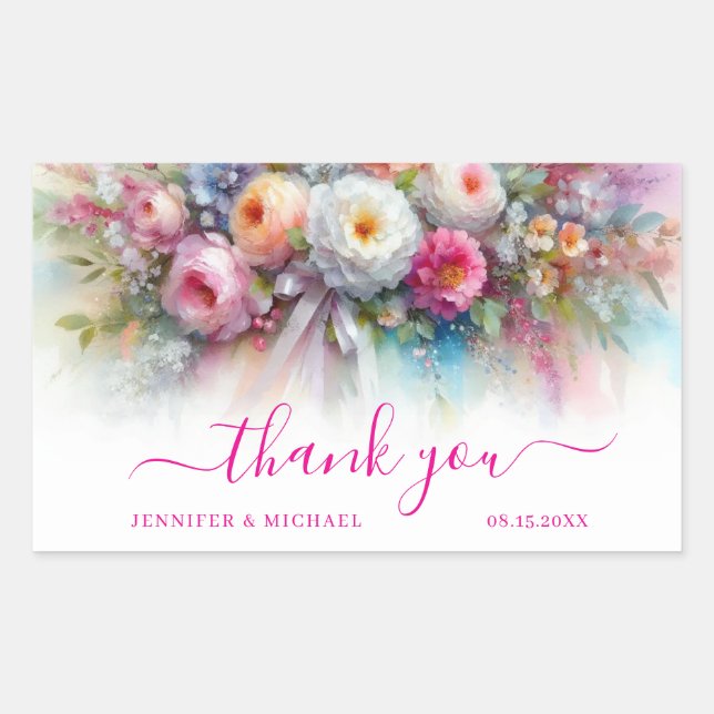 Pegatina Rectangular Tus flores de acuarela de texto personalizado grac (Anverso)
