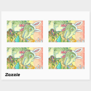 PEGATINA RECTANGULAR TYRANNOSAURUS, CUTE T-REX, EASTER BUNNY DINO