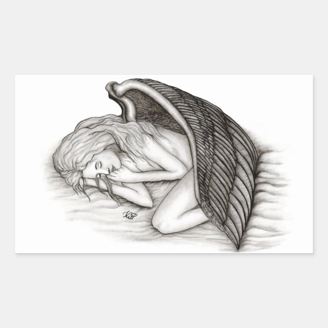 Pegatina Rectangular Un ángel dormido, diseño blanco y negro (Anverso)