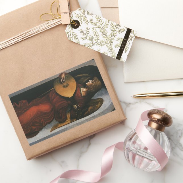 Pegatina Rectangular Un ángel en rojo con un laúd de Leonardo da Vinci (Regalar)