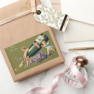 Pegatina Rectangular Un feliz año nuevo, ángeles de época con champán