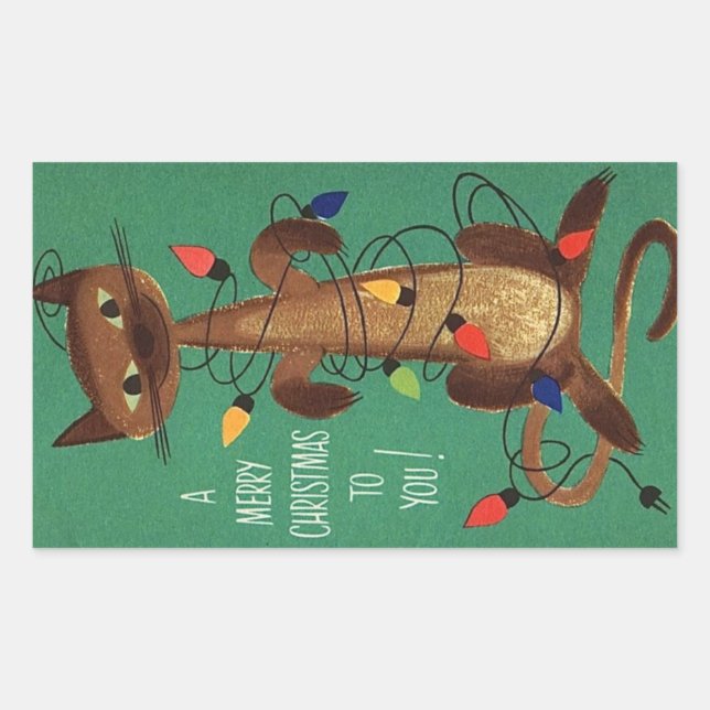 Pegatina Rectangular Un gato navideño lindo en las luces (Anverso)