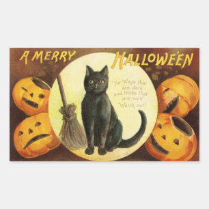 Pegatina Rectangular Una merry Hallowe'en Black Cat Pumpkins Vintage