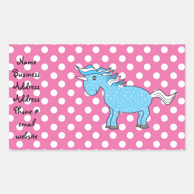Pegatina Rectangular Unicornio azul en polkadots rosados (Anverso)