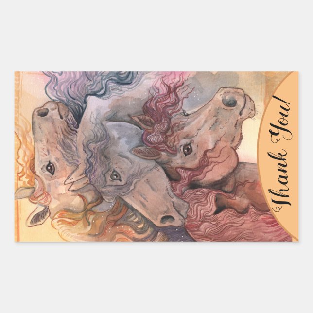 Pegatina Rectangular Uno con los Caballos de Acuarela de Hierro (Anverso)