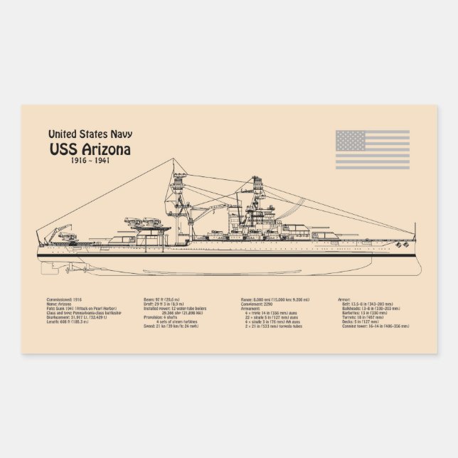 Pegatina Rectangular USS Arizona - Planes de trazado de buques SD (Anverso)