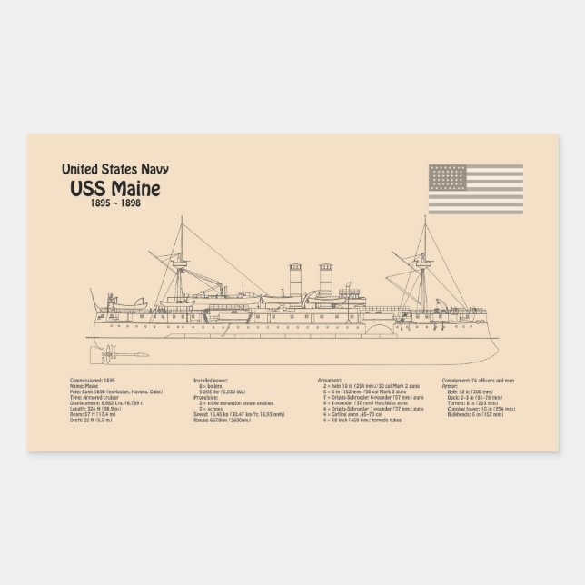 Pegatina Rectangular USS Maine - Planes de trazado de buques SD (Anverso)