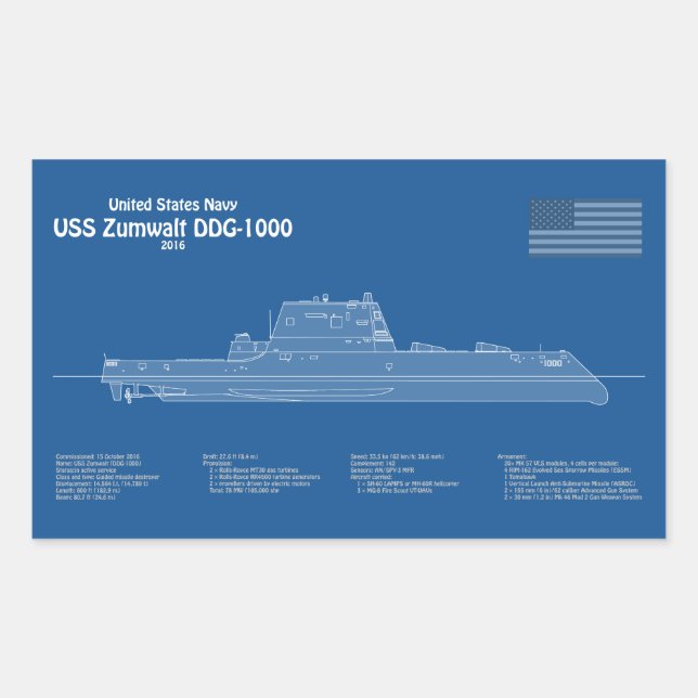 Pegatina Rectangular USS Zumwalt - Planes de trazado de buques ABD (Anverso)