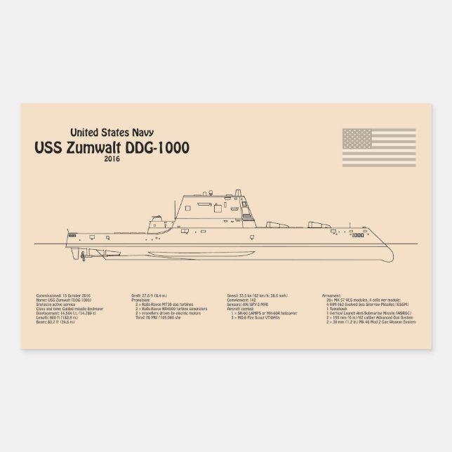 Pegatina Rectangular USS Zumwalt - Planes de trazado de buques SD (Anverso)