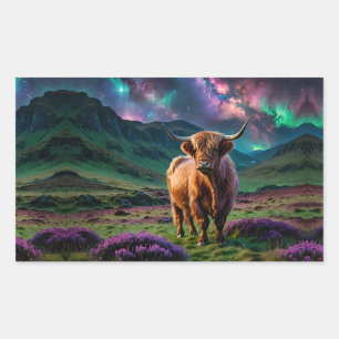 Pegatina Rectangular Vaca Highland bajo las estrellas