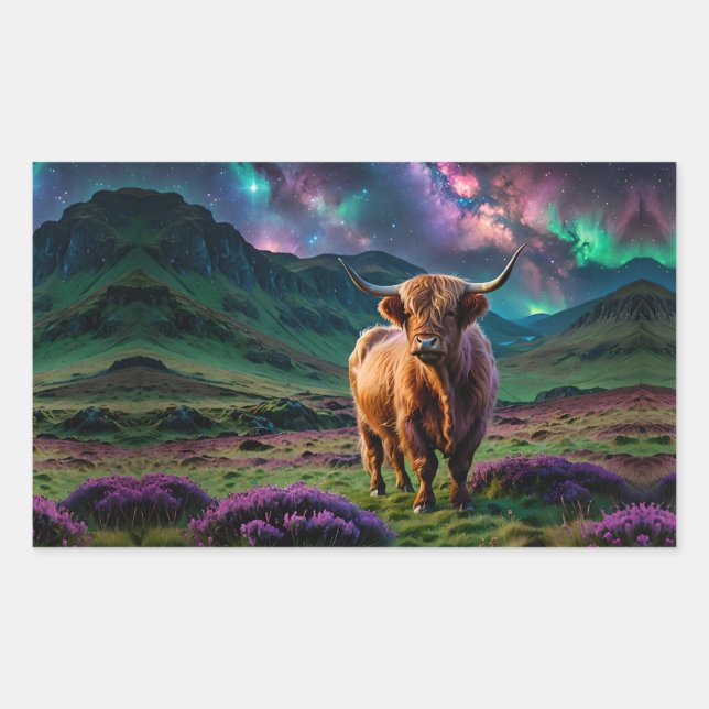 Pegatina Rectangular Vaca Highland bajo las estrellas (Anverso)