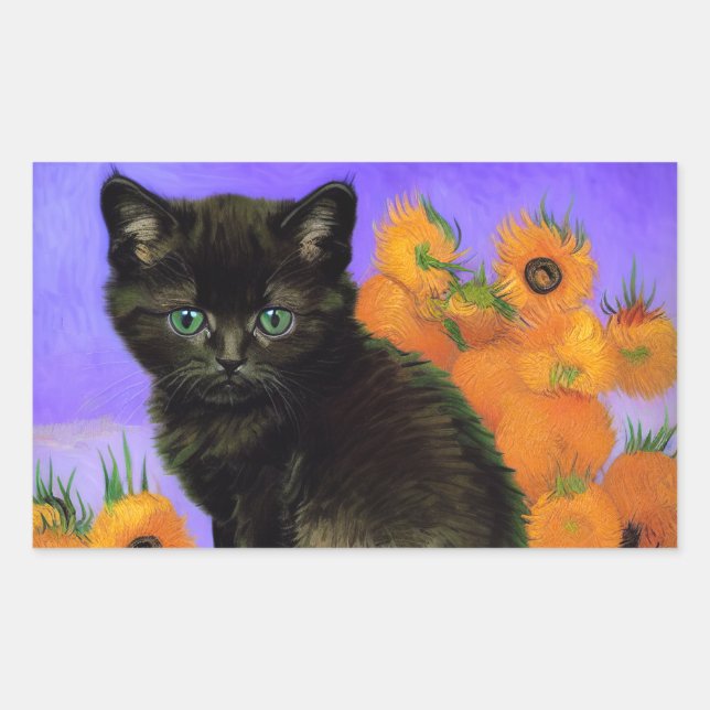 Pegatina Rectangular Van Gogh Black Kitten con girasoles (Anverso)