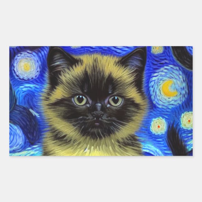 Pegatina Rectangular Van Gogh Starry Night Siamese Cat (Anverso)