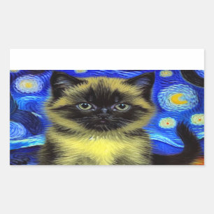 Pegatina Rectangular Van Gogh Starry Night Siamese Cat