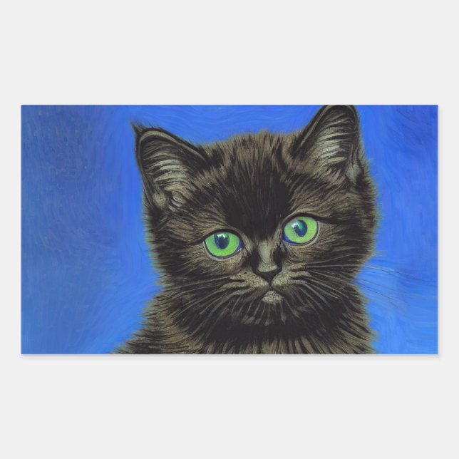 Pegatina Rectangular Van Gogh Style Black Kitten (Anverso)