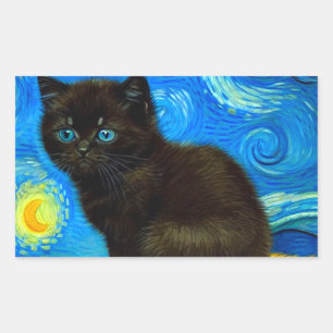 Pegatina Rectangular Van Gogh Style Starry Night Cat