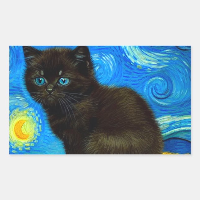 Pegatina Rectangular Van Gogh Style Starry Night Cat (Anverso)