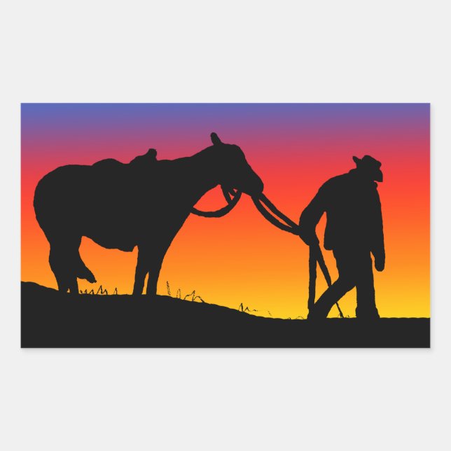 Pegatina Rectangular Vaquero al atardecer (Anverso)