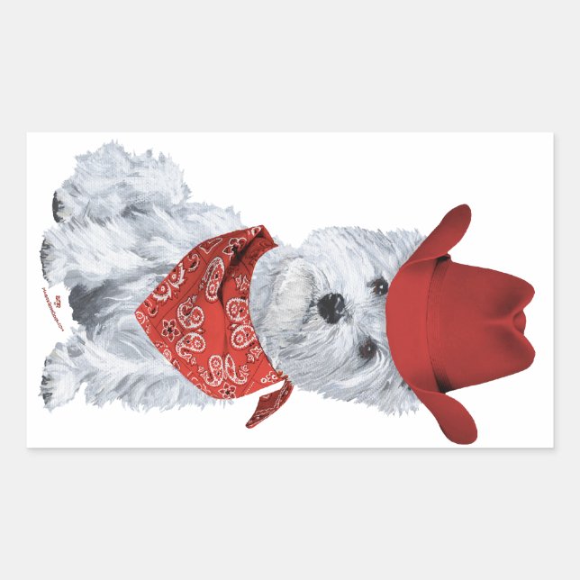Pegatina Rectangular Vaquero Westie en Rojo (Anverso)