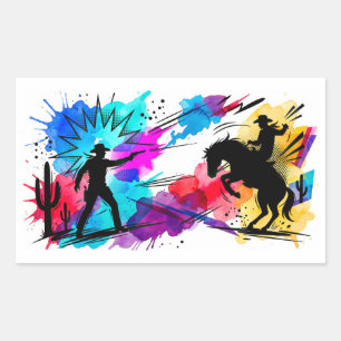 Pegatina Rectangular Vaqueros del Salvaje Oeste Arte en Acuarela Colori