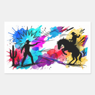 Pegatina Rectangular Vaqueros del Salvaje Oeste Arte en Acuarela Colori