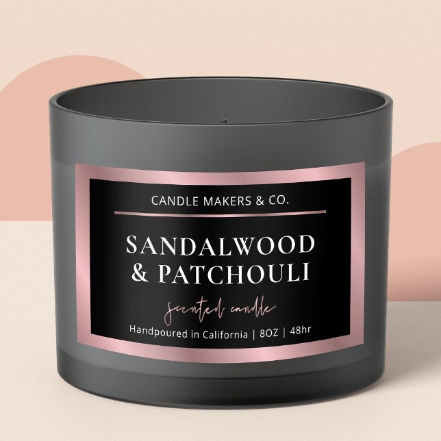 Pegatina Rectangular Vela elegante metálica negra y Rosa de oro (Elegant black and rose gold large rectangle candle jar label)