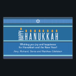 Pegatina Rectangular Velas de Hanukkah a rayas<br><div class="desc">Se representa una menorah usando tipografía en este pegatina de rayas Hanukkah. La palabra "Happy" está de su lado y sirve como Shamash, mientras que las otras letras que explican "Hanukkah" sirven como las ocho velas de Hanukkah. El fondo tonal tonal azul a rayas recuerda a un tragaluz. Añade un...</div>
