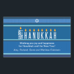 Pegatina Rectangular Velas de Hanukkah a rayas<br><div class="desc">Se representa una menorah usando tipografía en este pegatina de rayas Hanukkah. La palabra "Happy" está de su lado y sirve como Shamash, mientras que las otras letras que explican "Hanukkah" sirven como las ocho velas de Hanukkah. El fondo tonal tonal azul a rayas recuerda a un tragaluz. Añade un...</div>