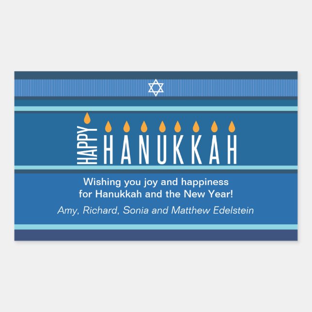 Pegatina Rectangular Velas de Hanukkah a rayas (Anverso)