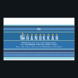 Pegatina Rectangular Velas de Hanukkah a rayas<br><div class="desc">Se representa una menorah usando tipografía en este pegatina de rayas Hanukkah. La palabra "Happy" está de su lado y sirve como Shamash, mientras que las otras letras que explican "Hanukkah" sirven como las ocho velas de Hanukkah. El fondo tonal tonal azul a rayas recuerda a un tragaluz. Añade un...</div>
