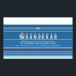 Pegatina Rectangular Velas de Hanukkah a rayas<br><div class="desc">Se representa una menorah usando tipografía en este pegatina de rayas Hanukkah. La palabra "Happy" está de su lado y sirve como Shamash, mientras que las otras letras que explican "Hanukkah" sirven como las ocho velas de Hanukkah. El fondo tonal tonal azul a rayas recuerda a un tragaluz. Añade un...</div>