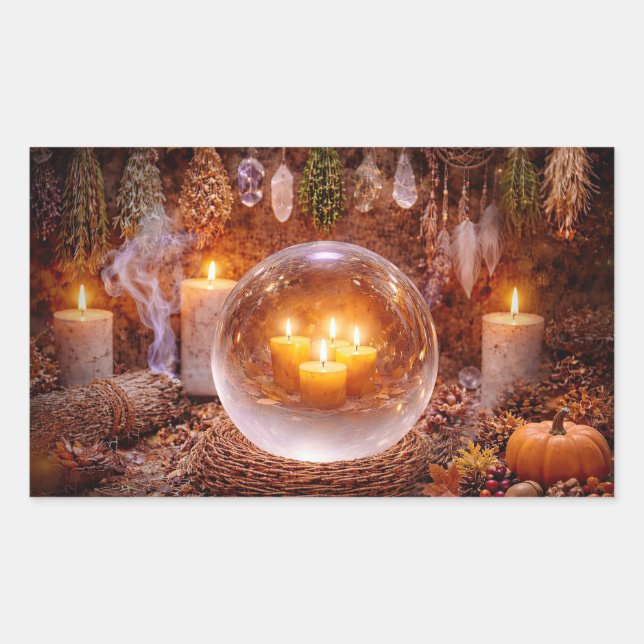 Pegatina Rectangular Velas Místicas de Bola de Cristal de Otoño (Anverso)