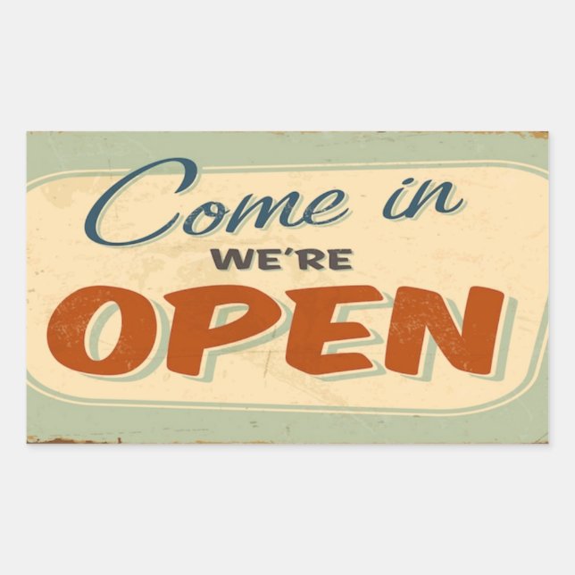 Pegatina Rectangular vengan, estamos abiertos (Anverso)