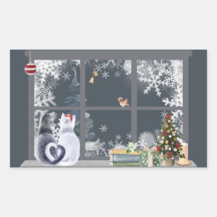 Pegatina Rectangular Ventana Gatos en Navidades
