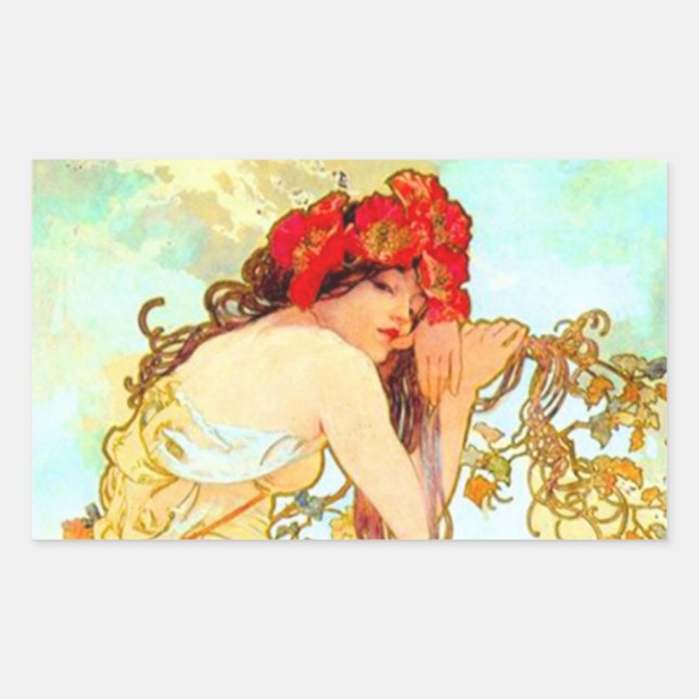 Pegatina Rectangular Verano de Art Nouveau de Alphonse Mucha (Anverso)
