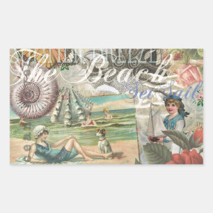 Pegatina Rectangular verano playa vintage pulpo antigüedades vela