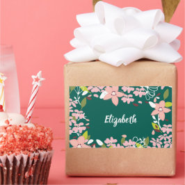 Pegatina Rectangular Verde con flores rosas personalizadas