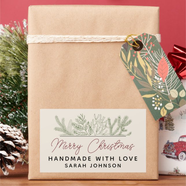 Pegatina Rectangular Verde de invierno Merry Christmas Hecho a mano (Vacaciones)