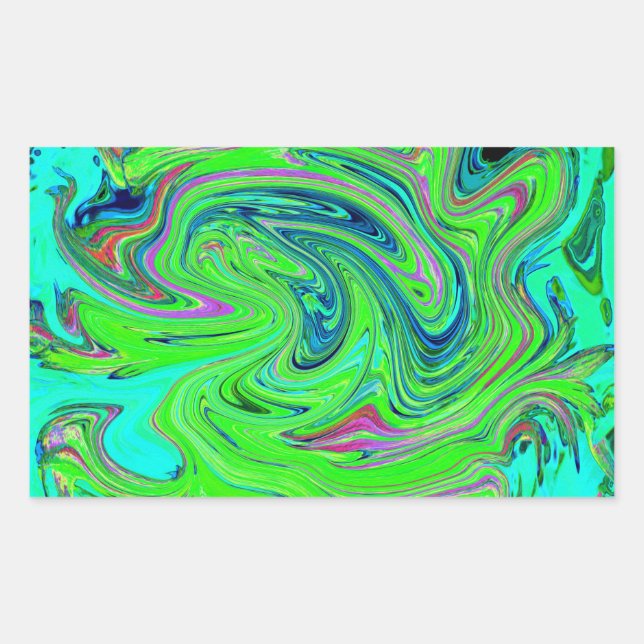 Pegatina Rectangular Verde Lima y Arte Abstracto Retro Groovy Azul (Anverso)