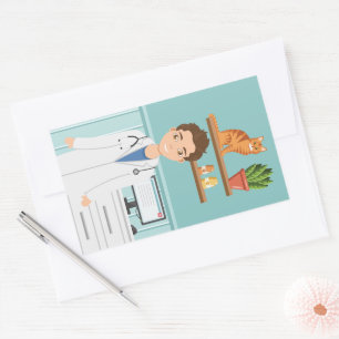 Pegatina Rectangular Veterinario Hombre Veterinario con Bata de Laborat