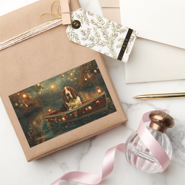 Pegatina Rectangular Viaje Festivo de Navidad del Basset Hound (Regalar)