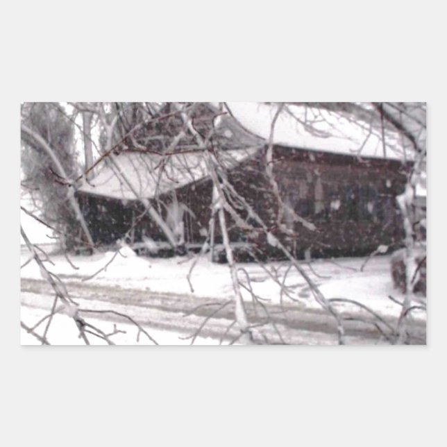 Pegatina Rectangular Viejo granero a través de la foto de nieve de invi (Anverso)