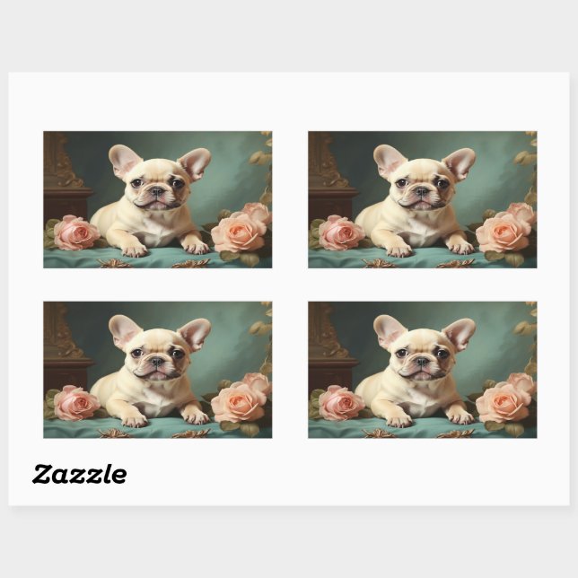 Pegatina Rectangular Viejo retrato de Bulldog francés lindo perro cacho (Hoja)