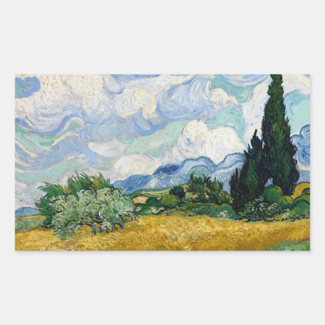 Pegatina Rectangular Vincent van Gogh - Campo de trigo con cipreses (Anverso)